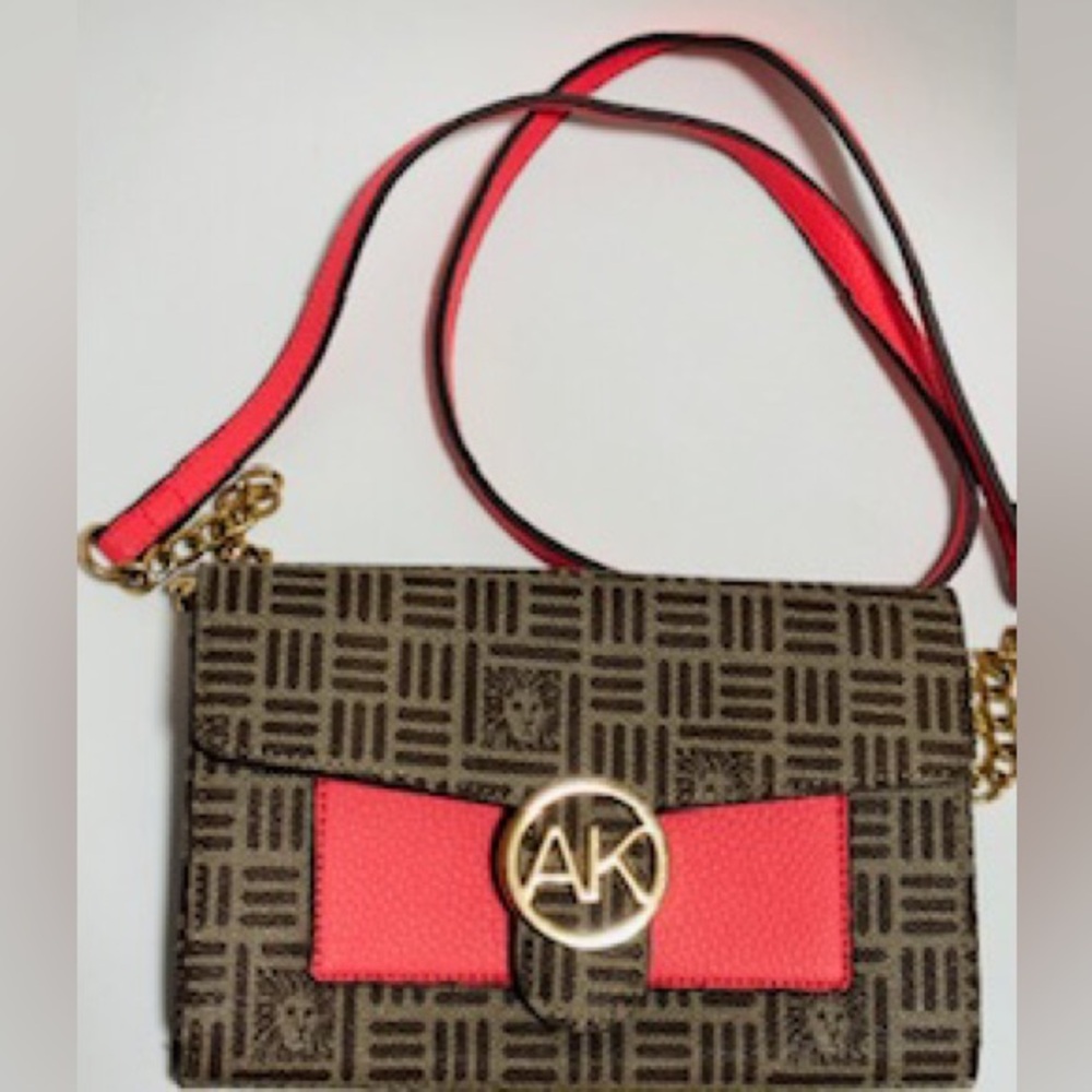 Anne Klein Monogram, Pink Accents, Gold Clasp & Chain, Clutch, Cross Body Bag